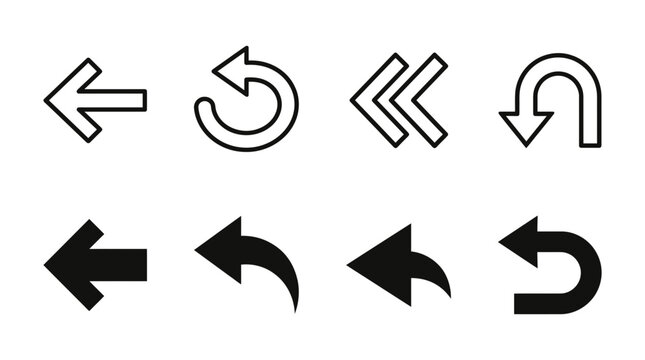 Set of black and white navigation arrow icons in outlined and solid styles with navigation direction interface