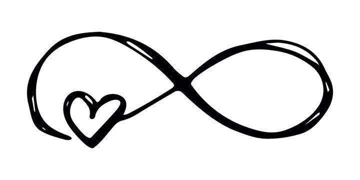 Hand drawn infinity sign with heart Eternal limitless unlimited infinite forever symbol Cycle endless life concept doodle For design print logo tattoo