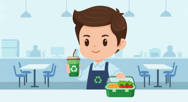 Chibi male employee in apron holding reusable cup and green lunch box with recycling icons, standing in a simplified office cafeteria background with tables and chairs.