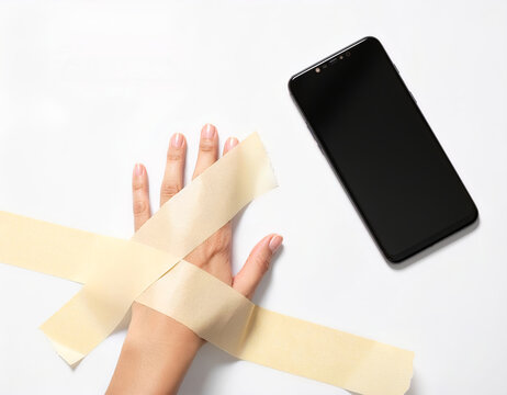 Hand Taped to Table Beside Smartphone as Digital Detox Concept
