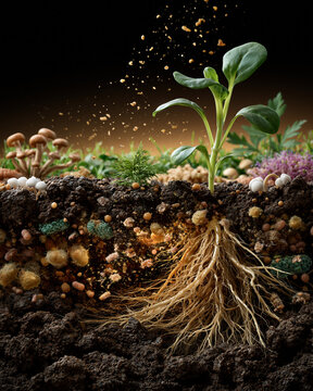 Healthy soil cross section with plant roots bacteria fungi and organic particles showcasing regenerative agriculture and soil microbiome science