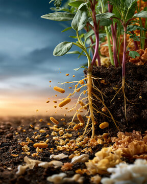 Healthy soil cross section with plant roots bacteria fungi and organic particles showcasing regenerative agriculture and soil microbiome science