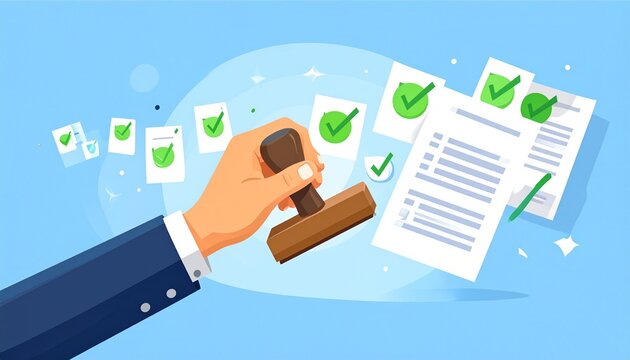 Paid Stamp Approval Concept with Checkmarks and Documents
