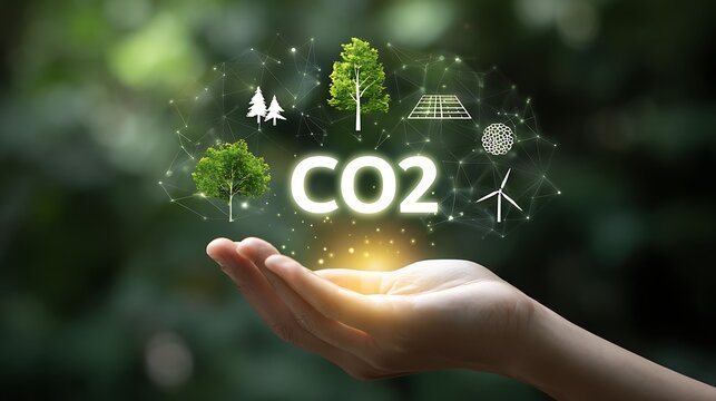 A hand holding a symbol of CO2 with arrows showing its reduction, surrounded by eco-friendly icons