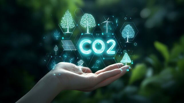 A hand holding a symbol of CO2 with arrows showing its reduction, surrounded by eco-friendly icons
