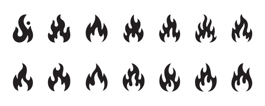 Set of black fire flame icons isolated on transparent background for logo design and campfire silhouette.