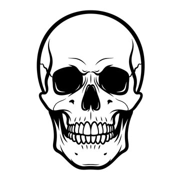 Black and white skull with hollow eyes and grinning teeth.