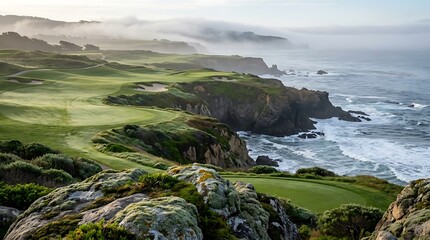 Naklejka premium A breathtaking panoramic view of a british columbia golf course perched on rocky ocean cliffs at sunrise with rolling fog over the Pacific coastline
