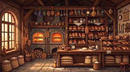 Naklejka premium Traditional rustic bakery interior featuring fresh bread loaves in a warm brick oven on white background