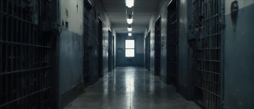 Dark Prison Corridor With Metal Bar Cell Doors