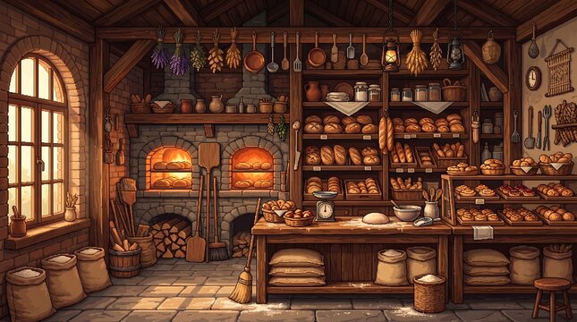 Traditional rustic bakery interior featuring fresh bread loaves in a warm brick oven on white background