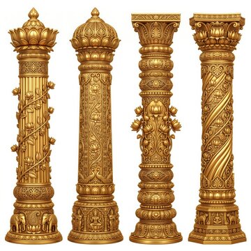 Set of Ornate Golden Hindu Temple Pillars with Intricate Floral Carvings Sacred Motifs Traditional Indian Architectural Elements and Decorative Columns for Religious Cultural and Wedding Applications