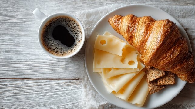 Minimal top-down flat lay of a French breakfast on a white wooden table with croissant, cheese slices, crunchy rusks and a partial coffee cup, food arranged to one side with large negative space.