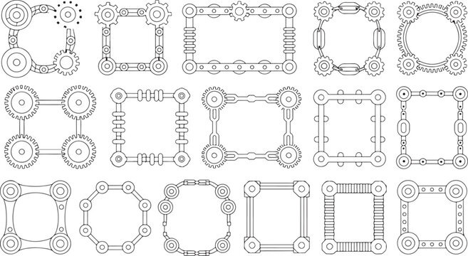 Diverse collection of fifteen steampunk and industrial style frames and borders featuring gears, pipes, and geometric connectors in a detailed black and white line