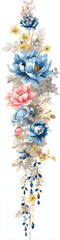 Obraz premium Watercolor floral vertical arrangement with blue and pink peonies and elegant foliage.