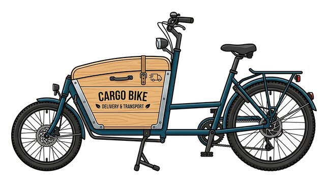 Cargo bike with wooden crate on city street.