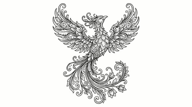 Majestic phoenix bird designed with intricate floral ornaments and scrollwork. Premium black line art silhouette isolated on a white background, ideal for tattoos, decorative wall art, laser cutting