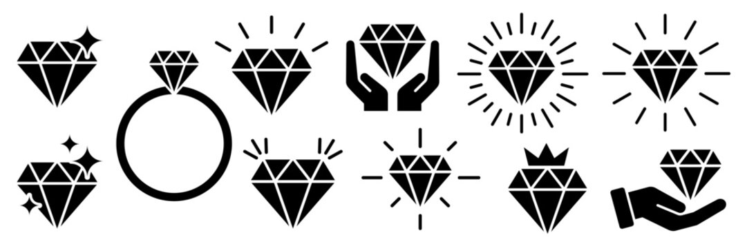 Set of diamonds line in a flat icons style. Abstract black diamond collection icons. Gemstone icons in a linear minimal style. Vector icon logo design diamonds.