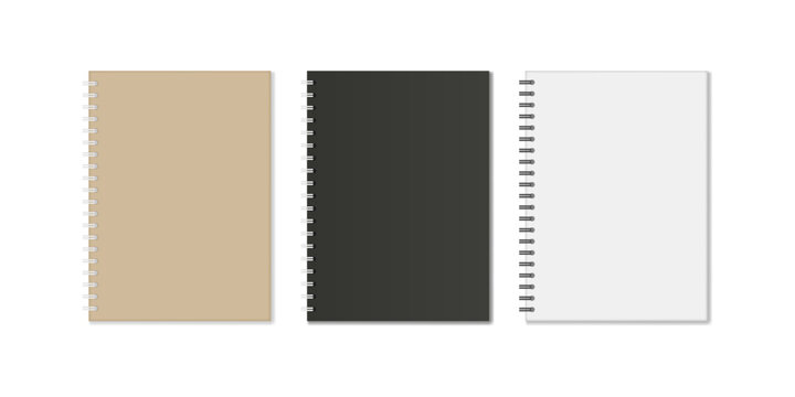 Minimalist Trio of Spiral Bound Notebooks with Beige, Black, and White Covers Arranged Side by Side on Clean White Background for Stationery and Academic Mockup