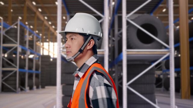Side View of Asian Male Engineer Walking at Tire Warehouse Interior with Industrial Shelving Racks