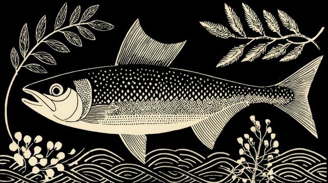 Linocut illustration of a sardine fish with bold carved lines and textured ink print effect, simple monochrome graphic artwork on a plain background, vintage printmaking style.