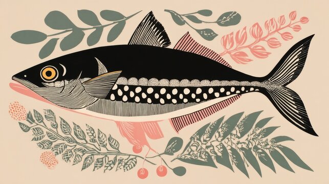 Linocut illustration of a sardine fish with bold carved lines and textured ink print effect, simple monochrome graphic artwork on a plain background, vintage printmaking style.