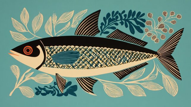 Linocut illustration of a sardine fish with bold carved lines and textured ink print effect, simple monochrome graphic artwork on a plain background, vintage printmaking style.