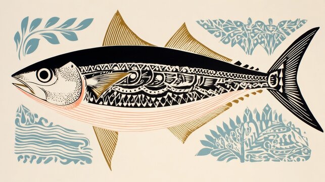 Linocut illustration of a sardine fish with bold carved lines and textured ink print effect, simple monochrome graphic artwork on a plain background, vintage printmaking style.