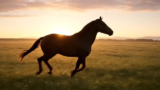 Silhouette of a horse running across a field at sunset.