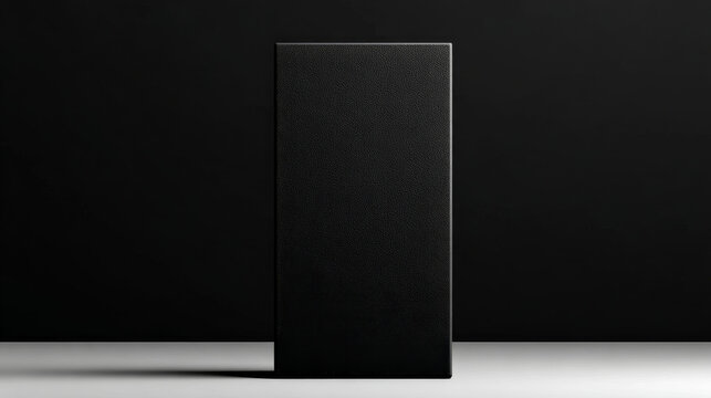 a minimalist, tall, black rectangular box centered against a dark background, resting on a light-colored surface with a soft shadow.