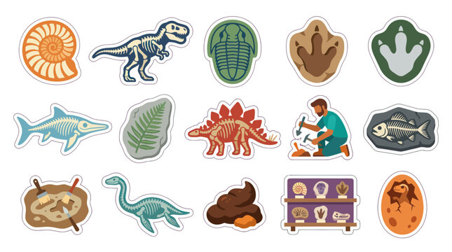 Paleontology Dinosaur Fossils Flat Vector Illustration Set: Skeletons, Footprints, Archaeologist  Prehistoric Life