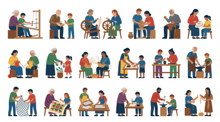 Fototapeta premium Diverse People Crafting and Making Handmade Goods, Flat Design Vector Illustration