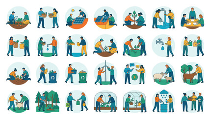 Fototapeta premium Flat Design Vector Illustration Set: Environmental Sustainability, Green Living, Eco-friendly Activities Concepts
