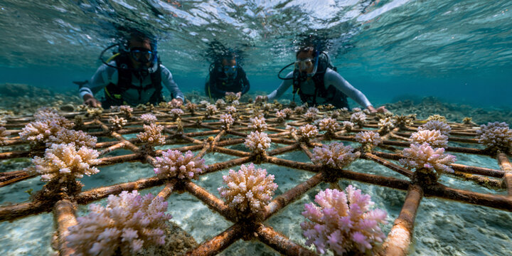 Young coral fragments growing on a submerged restoration frame with scientists monitoring reef recovery for marine biology and climate adaptation concept