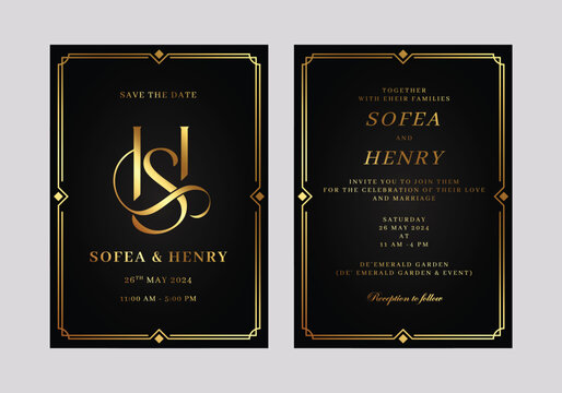 Wedding Invitation Balck with Frame Gold.eps
