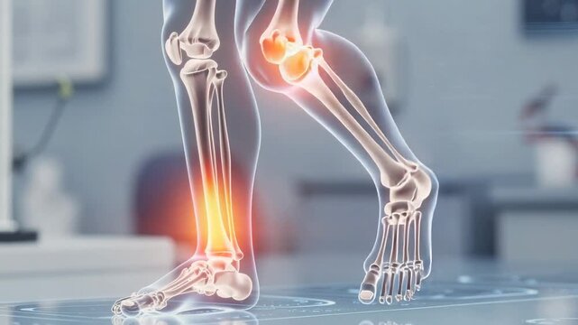 Detailed digital illustration of lower leg bones highlighting pain area in medical setting