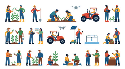 Fototapeta premium Smart Agriculture Technology Flat Vector Illustration Set with Farmers, Drones, and Modern Farming Practices