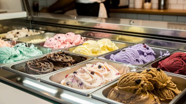 Colorful assortment of creamy gelato flavors in display case at ice cream shop