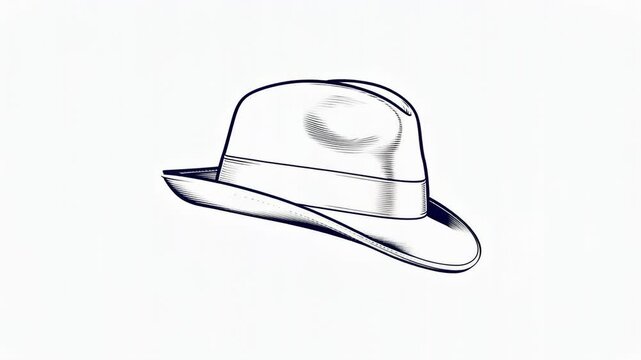 Classic vintage fedora hat illustration with detailed shading and stylish design in black and white