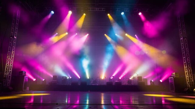 Colorful stage lighting with vibrant beams and empty concert setup for live music event