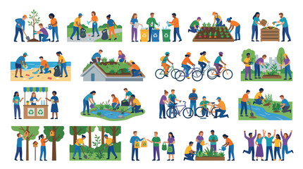 Naklejka premium Diverse People Doing Environmental Activities Together, Flat Style