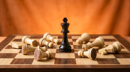 Lone black king stands victorious and upright on the chessboard, completely surrounded by scattered, fallen white opponent pieces against a warm, dramatic orange background. © Ibnu Fatah