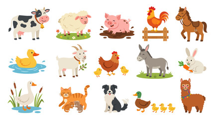 Obraz premium Cute Farm Animals Collection: Cow, Pig, Sheep, Horse, Donkey, Chicken, Duck, Cat, Dog
