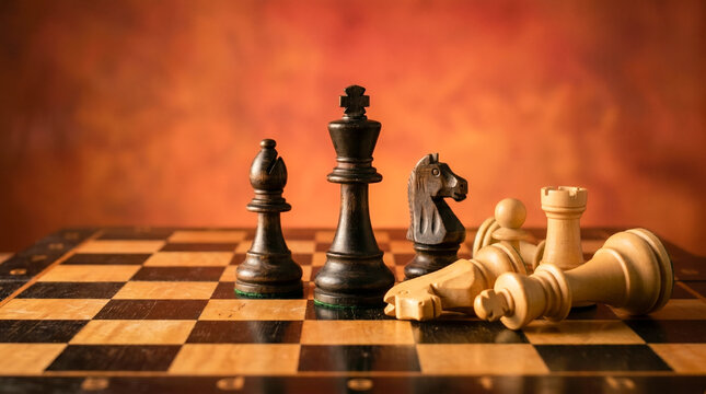 Black king stands tall alongside a bishop and knight, dominating the wooden chessboard next to scattered, defeated white chess pieces under warm lighting.