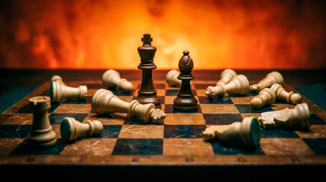 Dark wooden king and bishop stand defiantly at the center of a rustic chessboard, surrounded by defeated white pieces against a fiery orange background.