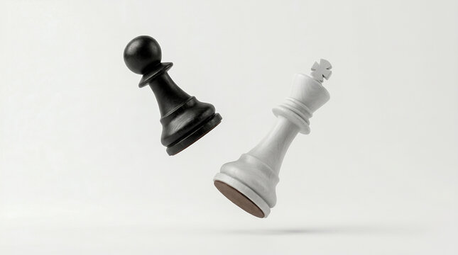 Floating elegantly against a minimalist white background, a wooden black pawn and a white king chess piece lean dynamically toward each other in mid air.