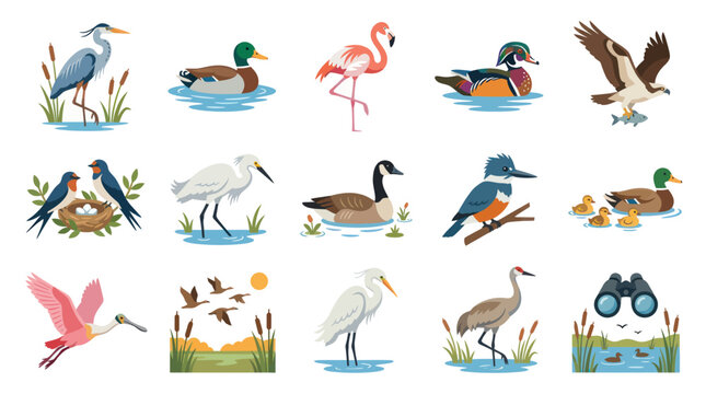 Flat Style Vector Illustration of Various Birds in Nature