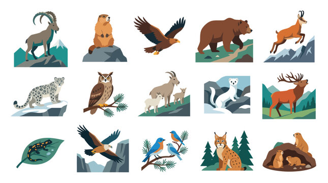 Flat Vector Illustration Set: European Mountain and Forest Wildlife Animals for Nature and Ecology Concepts