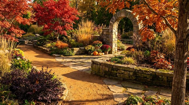 A vibrant gartenausstellung featuring a stone archway, seasonal autumn foliage, and rustic garden beds with pumpkins in a warm sunlight setting