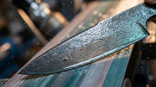 Close-up of Damascus steel knife blade being sharpened on belt sander with sparks